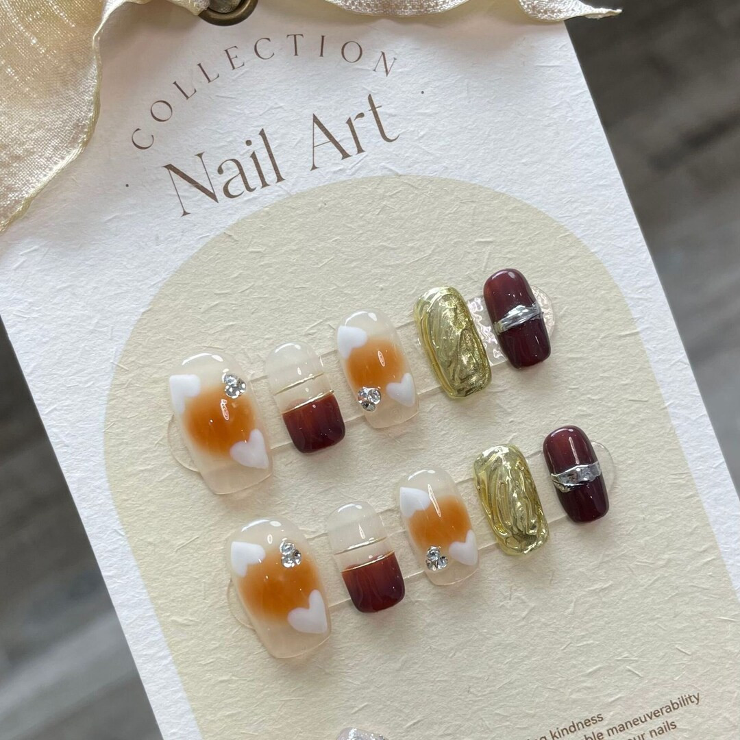 Spray Amber Brown Press on Nails Short/3d Chrome Gold - Etsy | Etsy (US)