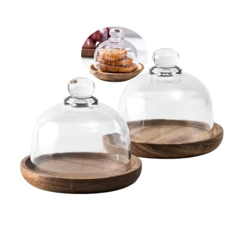 Rikyo 2 Sets Mini Cake Stand,Cake Plate Server Platter with Dome,4" Wood Cake Stand with 3.25" Glass Dome Cover,Cupcake Display Plate with Lid,Cake Holder with Base,Dessert Stand | Amazon (US)
