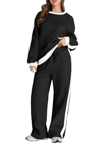 Herseas Women'S 2 Piece Outfits Color Block Black Crewneck Sweatsuit Wide Leg Sweatpants Casual Fleeced Lounge Matching Sets | Amazon (US)