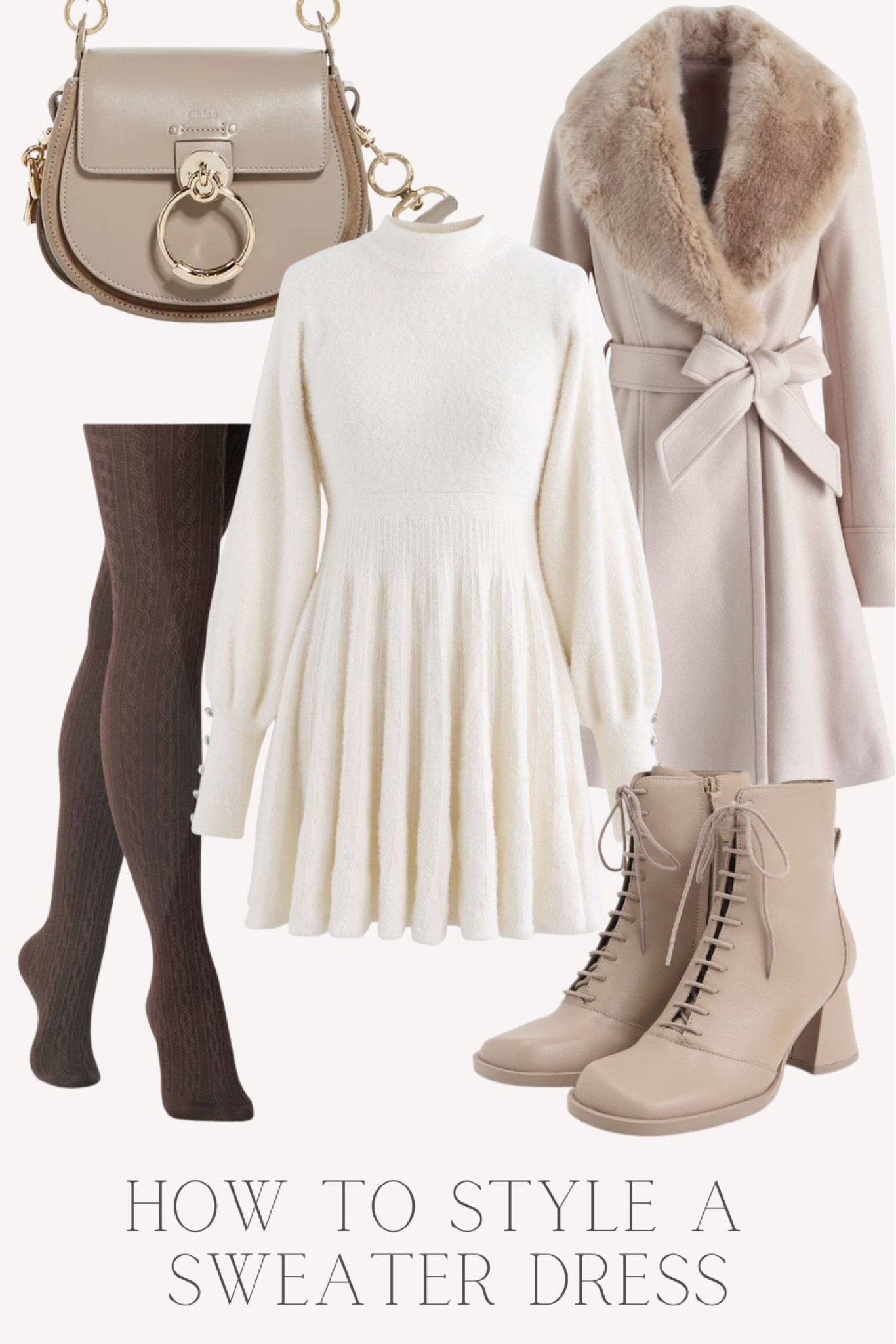 How to style a sweater dress.
Short cozy dress with cable knit tights and a chic coat.

Add a designer bag for a luxury feel

#LTKitbag #LTKSeasonal #LTKstyletip