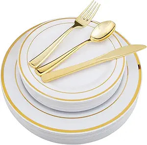Amazon.com: WDF-125 Piece Gold Plastic Silverware&Disposable Plastic Plates - Heavy Duty Thanksgi... | Amazon (US)