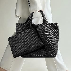 YILCER Leather Woven Bag, Soft Vegan Woven Tote Handbag Summer Beach Bag for Women, Large Fashion... | Amazon (UK)