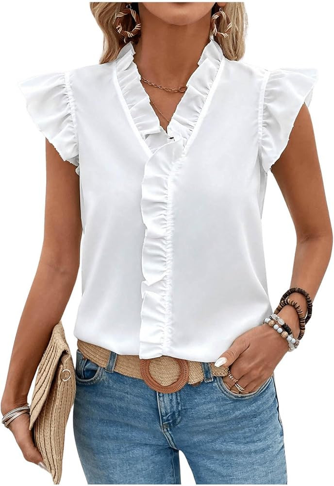 SweatyRocks Women's Flounce Sleeve Frill Trim Summer Shirt V Neck Ruffled Tops | Amazon (US)