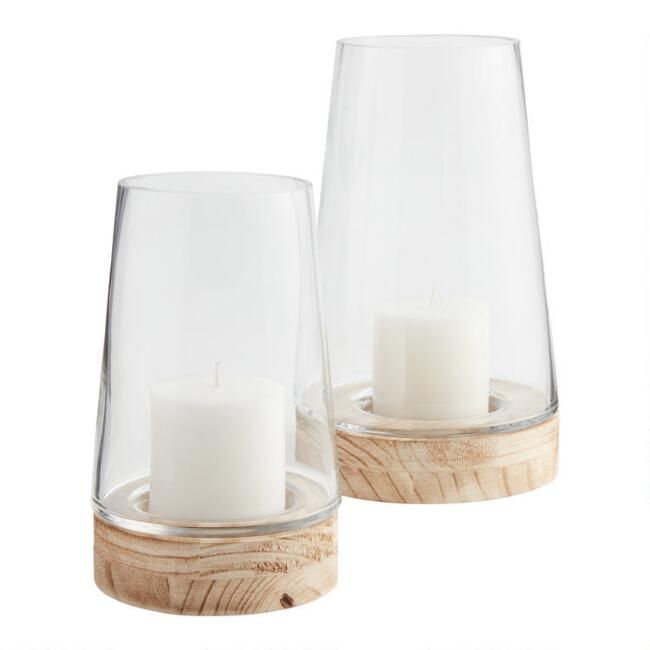 Tapered Glass And Wood Hurricane Candle Holder | World Market