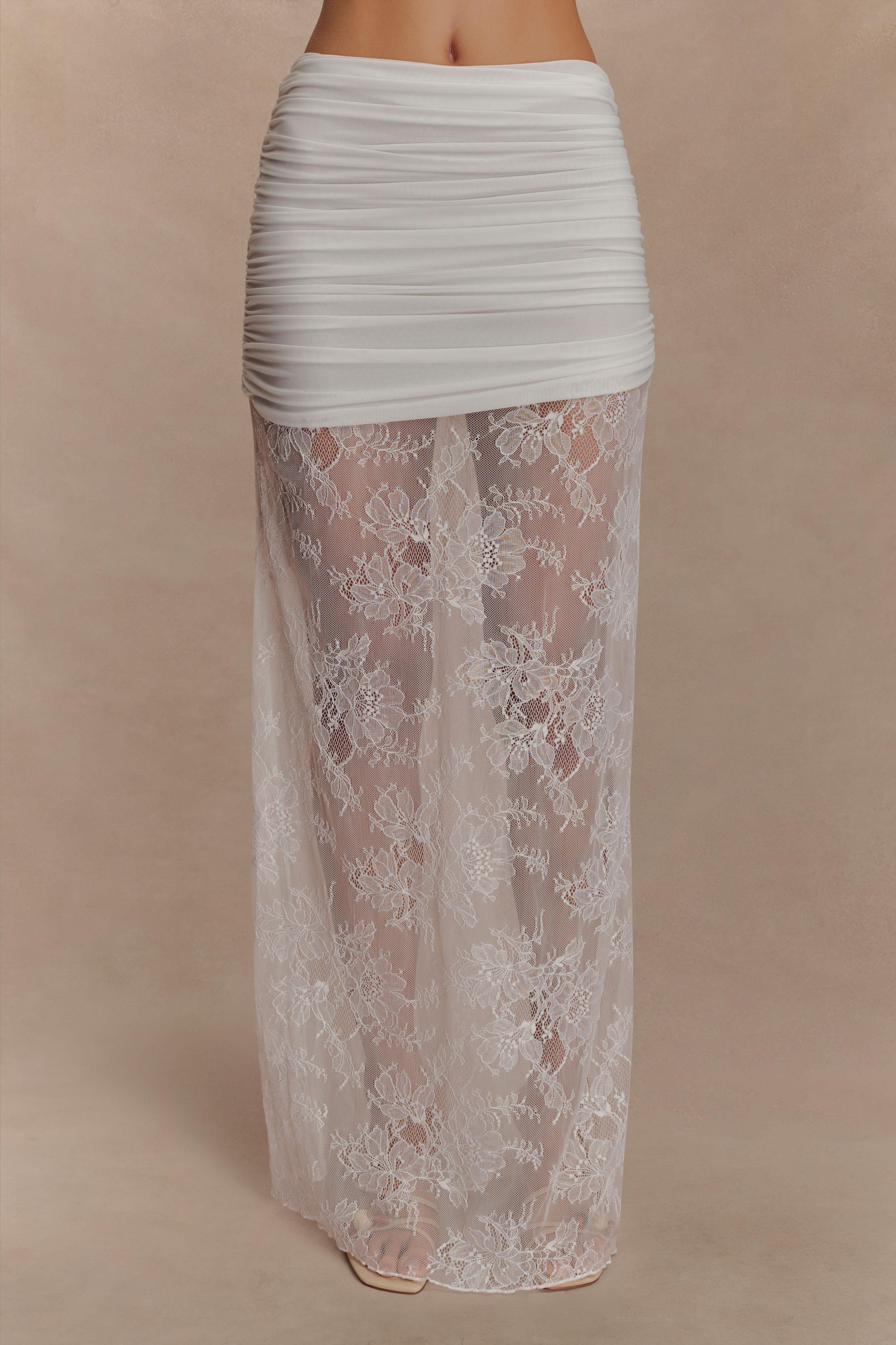 Lace And Mesh Maxi Skirt - Ivory | MESHKI US