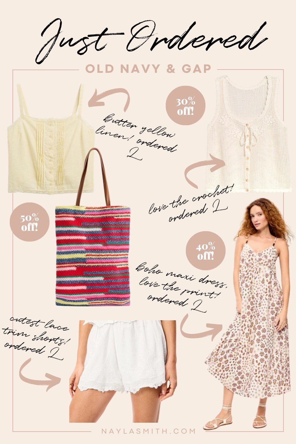 Old Navy & Gap spring to summer order! Canadian links are under “similar products”. Save more at Old Navy with super cash! Butter yellow linen lace trim tank top, colorful striped tote bag, lace trim white shorts, crochet tank top, boho floral maxi dress. Summer fashion trends, sundress.

#LTKsummer #LTKsale #LTKdresses