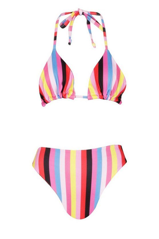 Rainbow Stripe Triangle High Waisted Bikini | Boohoo.com (US & CA)