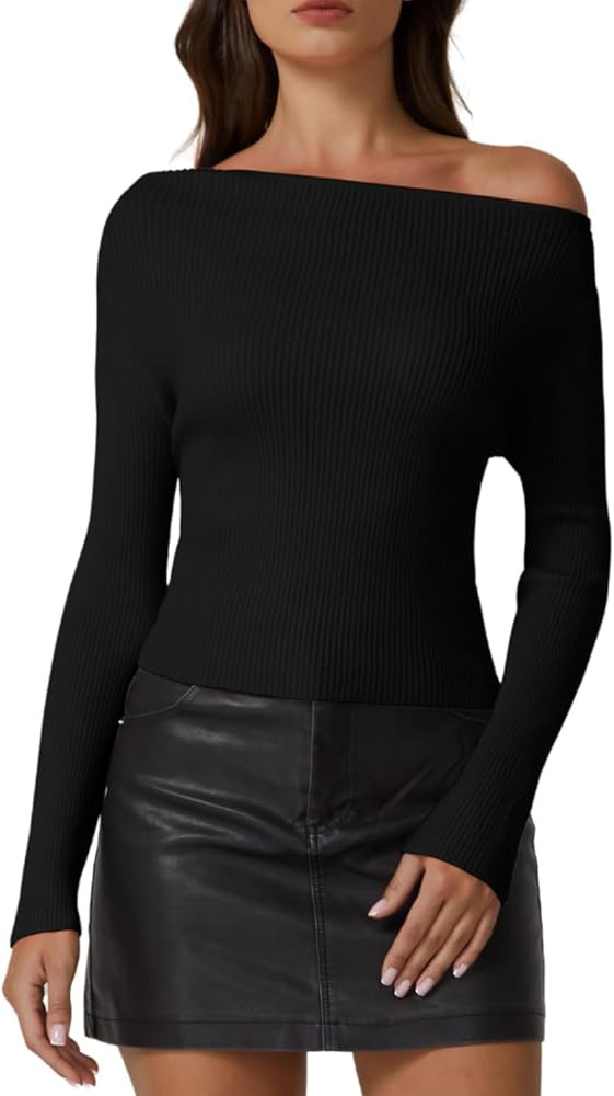 QINSEN Womens Asymmetrical Neck Sweater Slim Fit Long Sleeve Knit Pullover Top | Amazon (US)