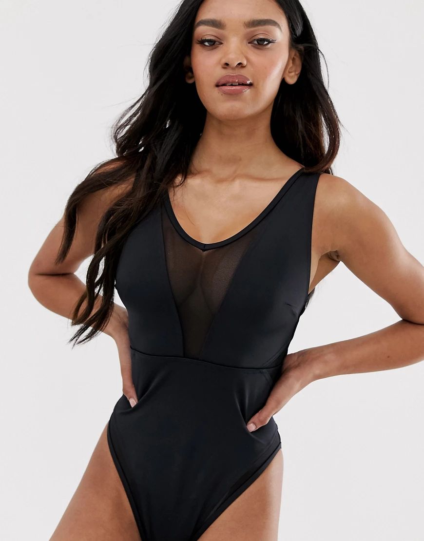 ASOS DESIGN recycled fuller bust exclusive mesh insert swimsuit in black dd-g | ASOS (Global)