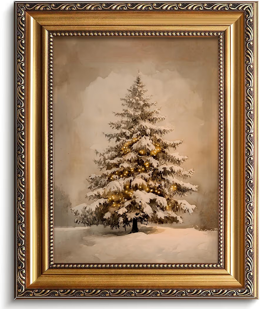 Christmas Tree Vintage Gold Frame Wall Art 9X12 INCH Antique Winter Trees Print Xmas Neutral Holi... | Amazon (US)