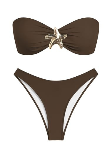 ZAFUL Coffee Swimwear for Women 2025 Strapless Starfish Bandeau Bikini Set Solid Lace up High Cut Brazilian Two Piece Bathing Suits Coffee S | Amazon (US)