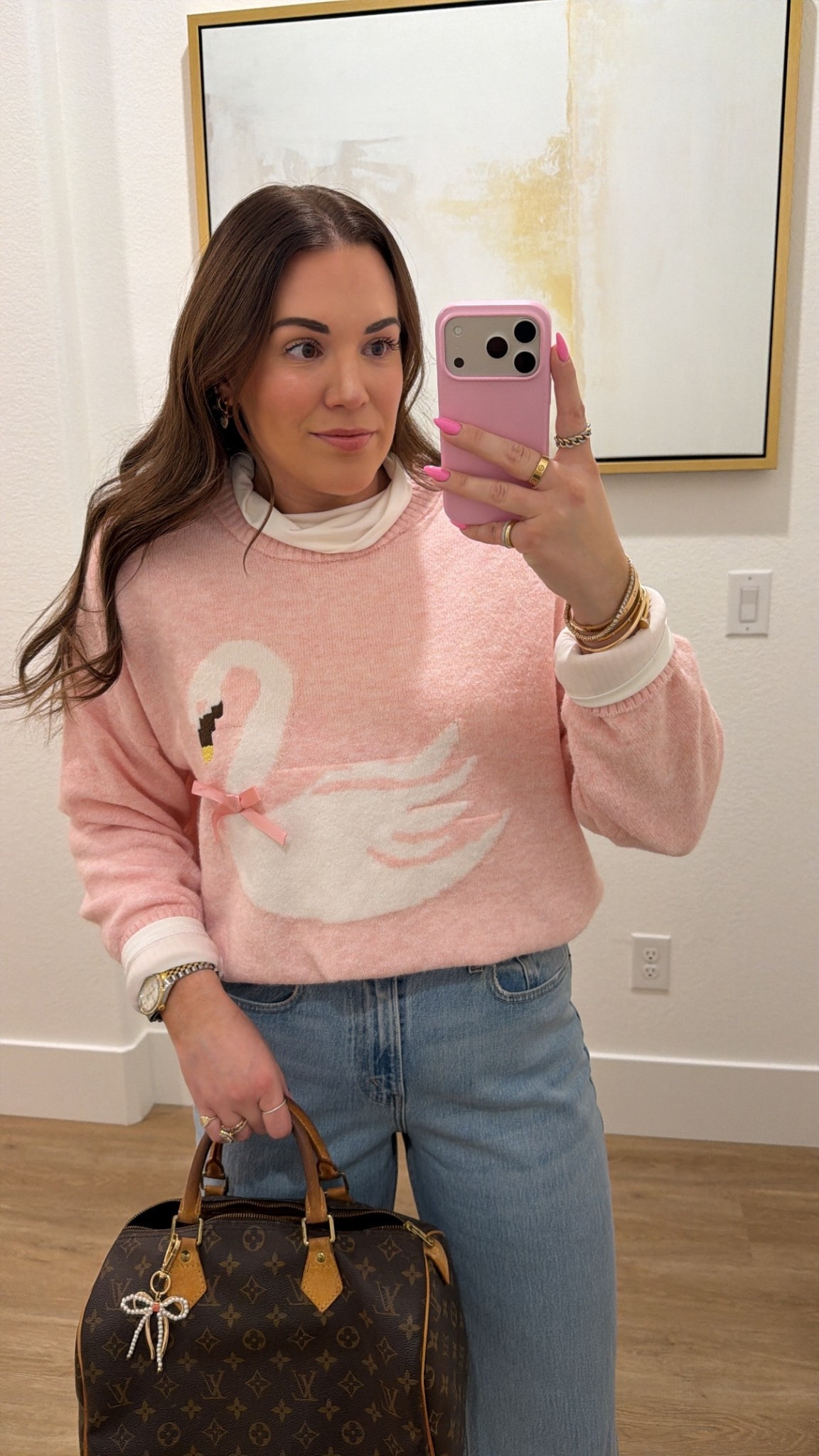 curvy midsize casual look! wearing size large in pink swan sweater and size 30 in denim 

#LTKSeasonal #LTKValentine #LTKMidsize