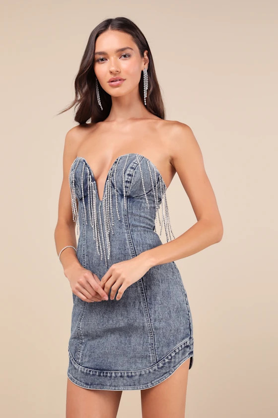 Dazzling Vibes Medium Wash Rhinestone Strapless Denim Mini Dress | Lulus