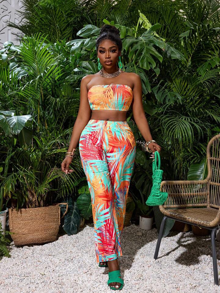 SHEIN SXY Women Tropical Printed Shirred Crop Tube Top And Pants Set For Summer Beach Vacation | SHEIN
