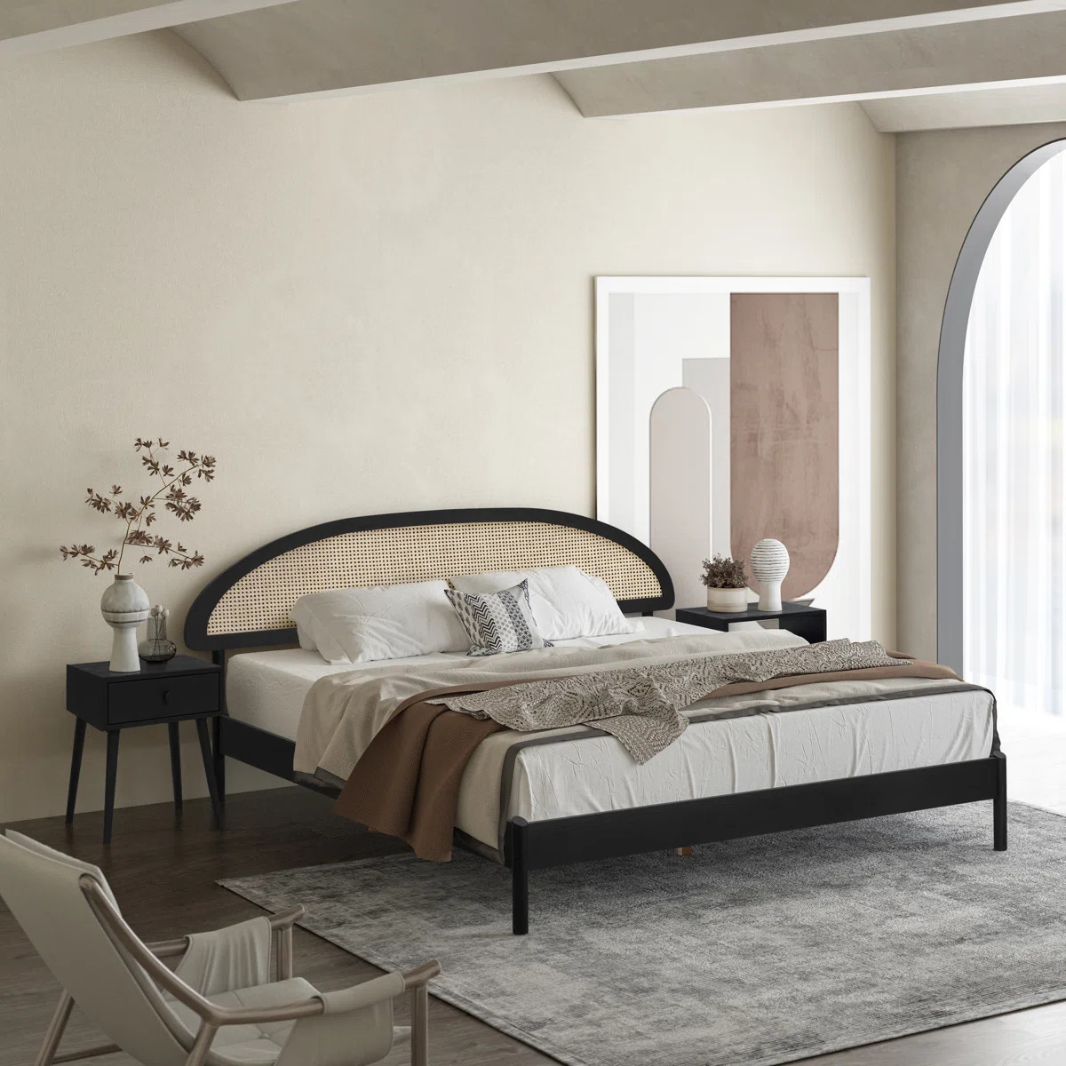 Gem Solid Wooden Bed Frame With Headboard And Natural Rattan, 1000 Lb Capacity | Wayfair North America