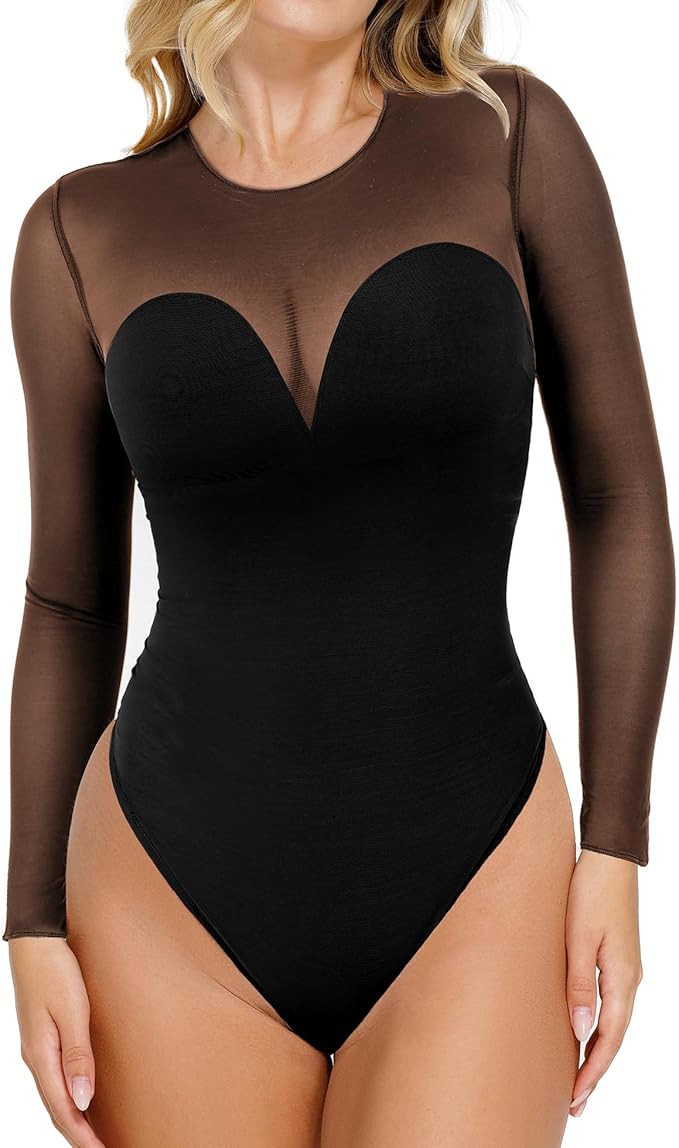 Popilush Long Sleeve Mesh Shapewear Bodysuit for Women Tummy Control Sheer Body Suits Womens Buil... | Amazon (US)