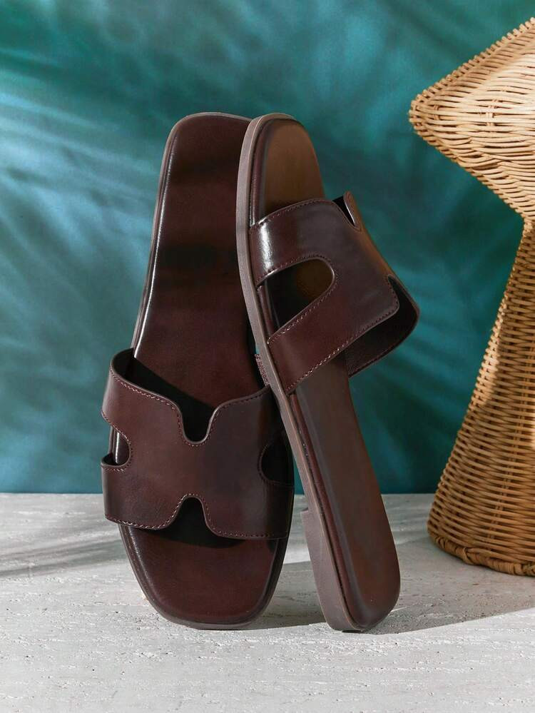 SHUZIA Women's Premium Oil-Finished PU Coffee H-Strap Slides-Luxry Feeling Comfort Streetwear To Yacht Club Essentials For Christmas Valentine's Day | SHEIN