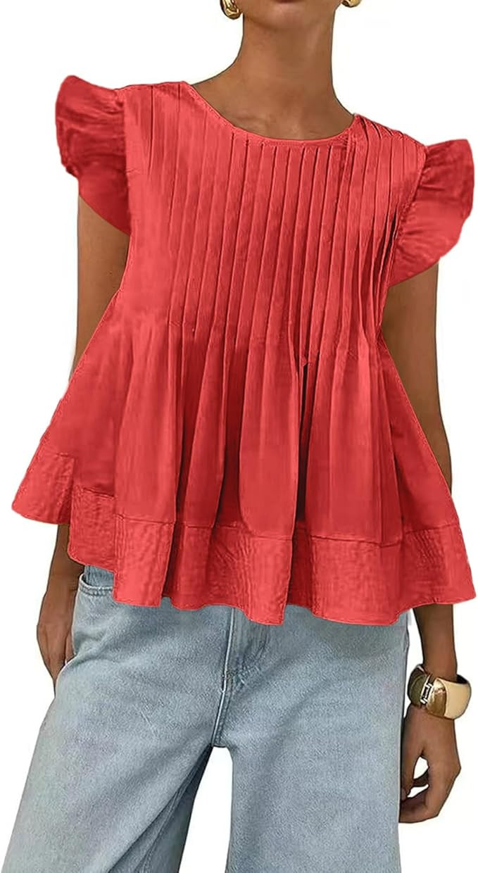 Womens Summer Tops Babydoll Peplum Blouses Casual Ruffle Sleeve Round Neck Pleated A Line Shirts ... | Amazon (US)