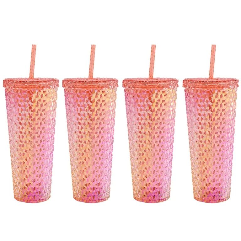 Mainstays 4-Pack 26-Ounce Texture Tumbler with Straw, Iridescent Coral | Walmart (US)