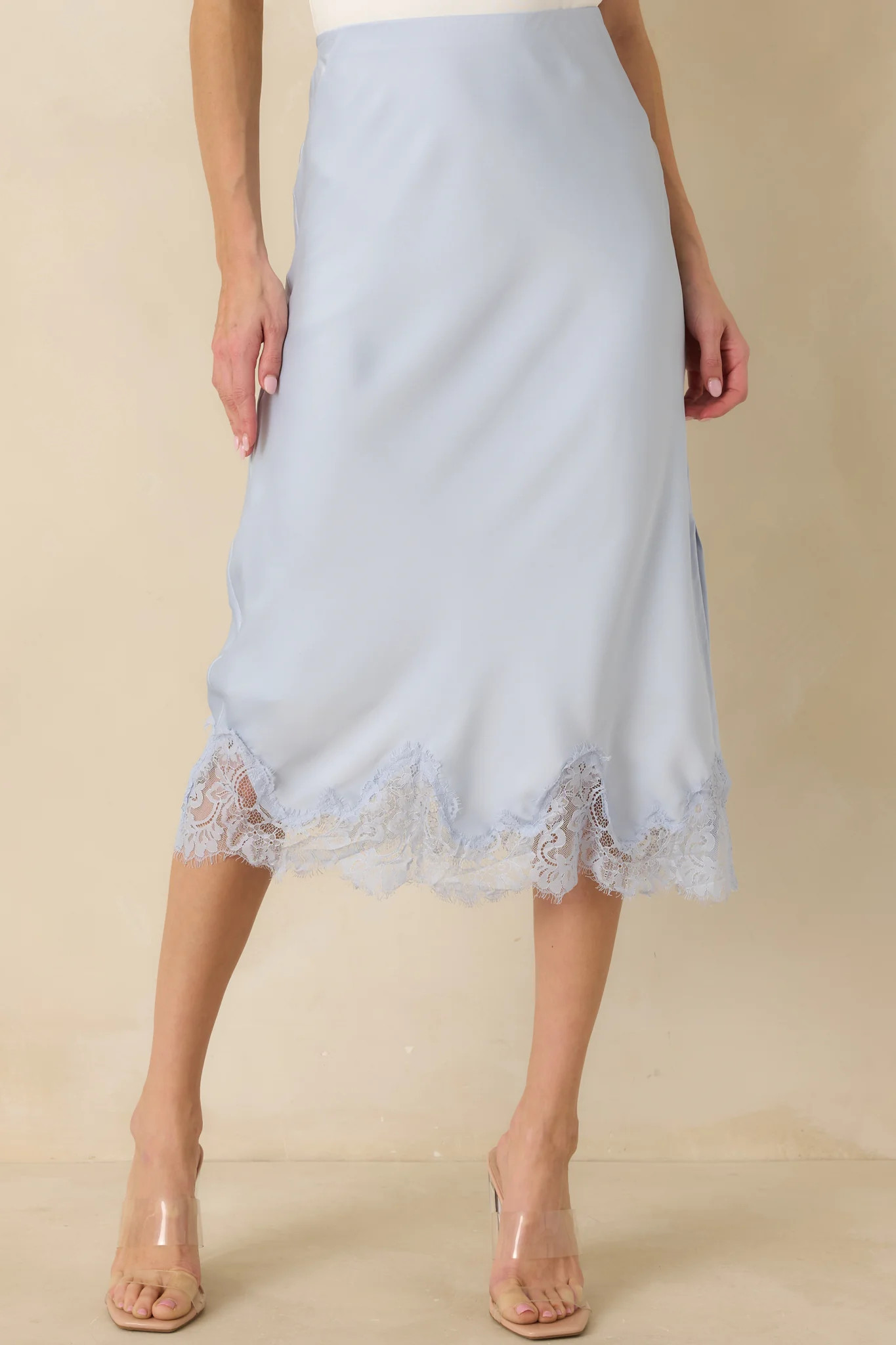 Just Call Me Later Powder Blue Satin Lace Trim Midi Skirt | Red Dress