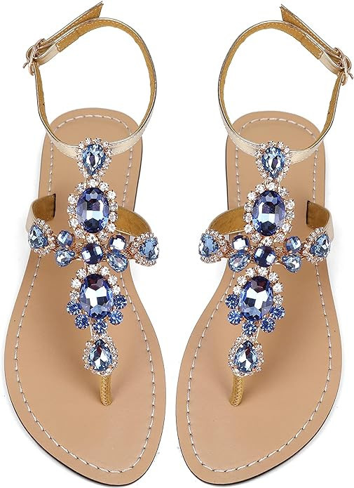 ZhuLinFeng Women'S Rhinestone Gladiator Sandals Flat Wedding Sandals Gem Pearl Sparkling Bridal B... | Amazon (US)