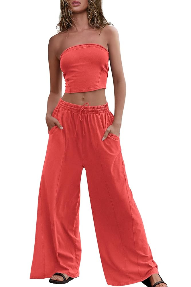 Panadila Womens Summer Lounge Sets 2 Piece Outfits Tube Top and Wide Leg Pants Matching Set Beach... | Amazon (US)