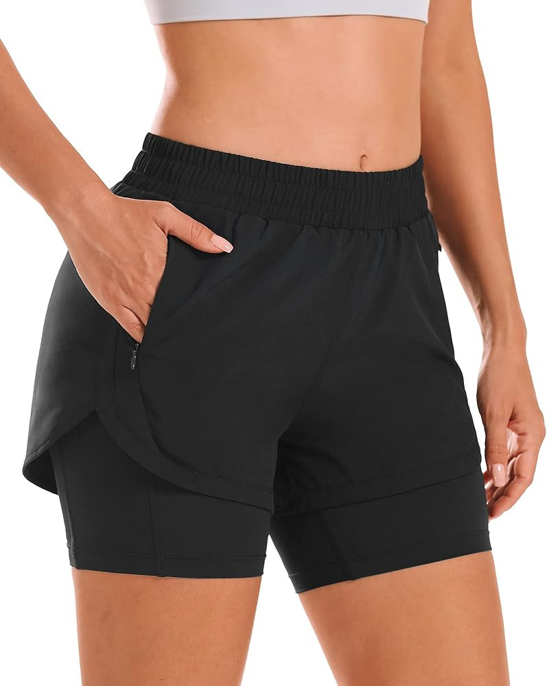 Stelle Women 2 in 1 Running Shorts High Waisted Athletic Shorts Gym Workout Shorts with Liner Zip... | Amazon (US)