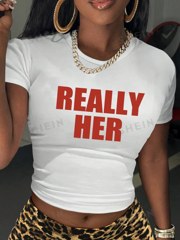 SHEIN Slayr Letter Graphic Crop Tee For Summer Graphic Tees Women Tops | SHEIN USA | SHEIN
