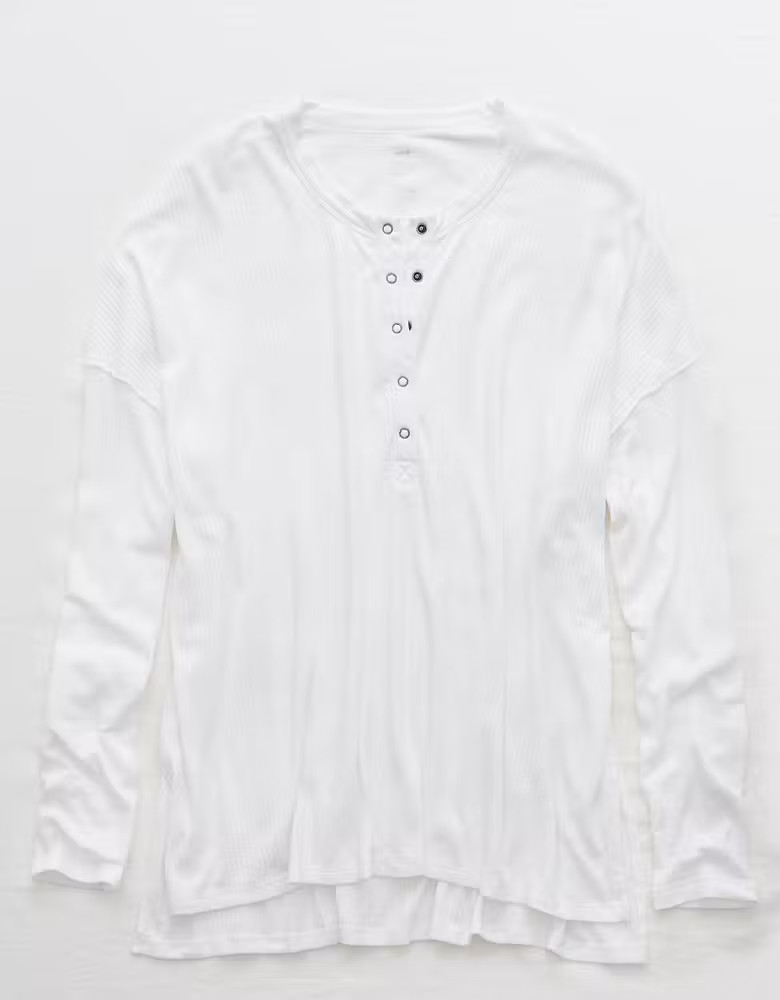 Aerie Ribbed Oversized Henley Long Sleeve T-Shirt | American Eagle Outfitters (US & CA)