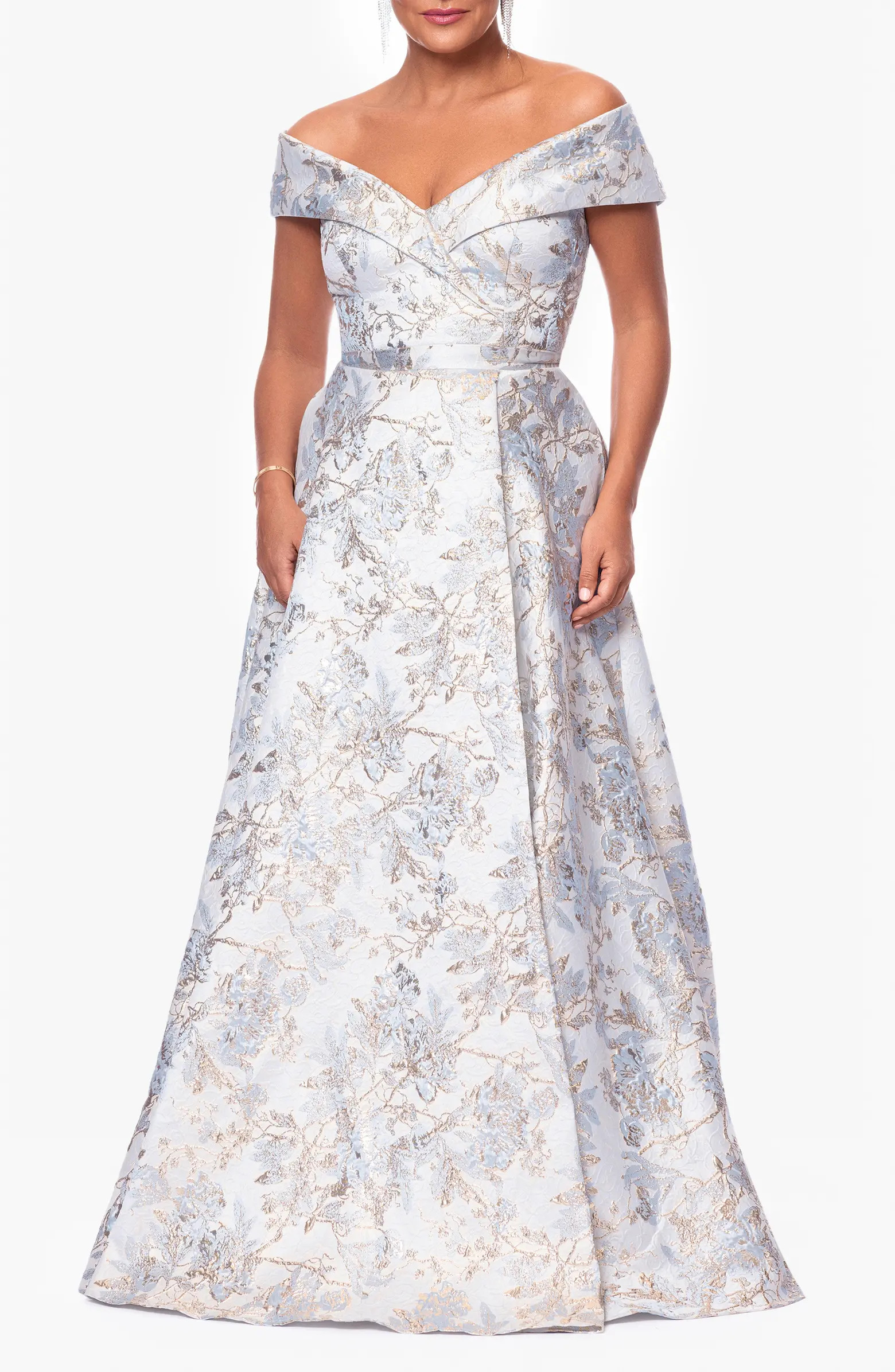 Xscape Evenings Metallic Floral Brocade Off the Shoulder Ball Gown | Nordstrom | Nordstrom
