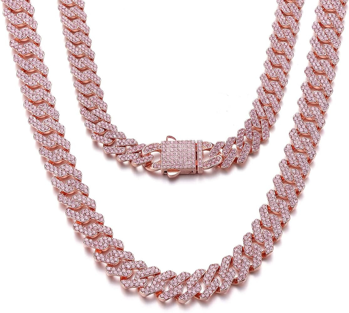 HIPBLING Women Cuban Link Chain Choker Necklace Pink Rhinestones Miami Cuban Necklace 12mm 16 inc... | Amazon (US)