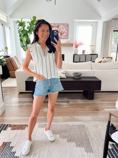 Summer outfit with a blue and white striped top. Love how this is 100% cotton and so gauzey and breathable for summer. Would also be great for workwear with trousers or dark wash jeans for business casual. Wearing size extra small. My shorts are on sale for 20% off, wearing size 24.