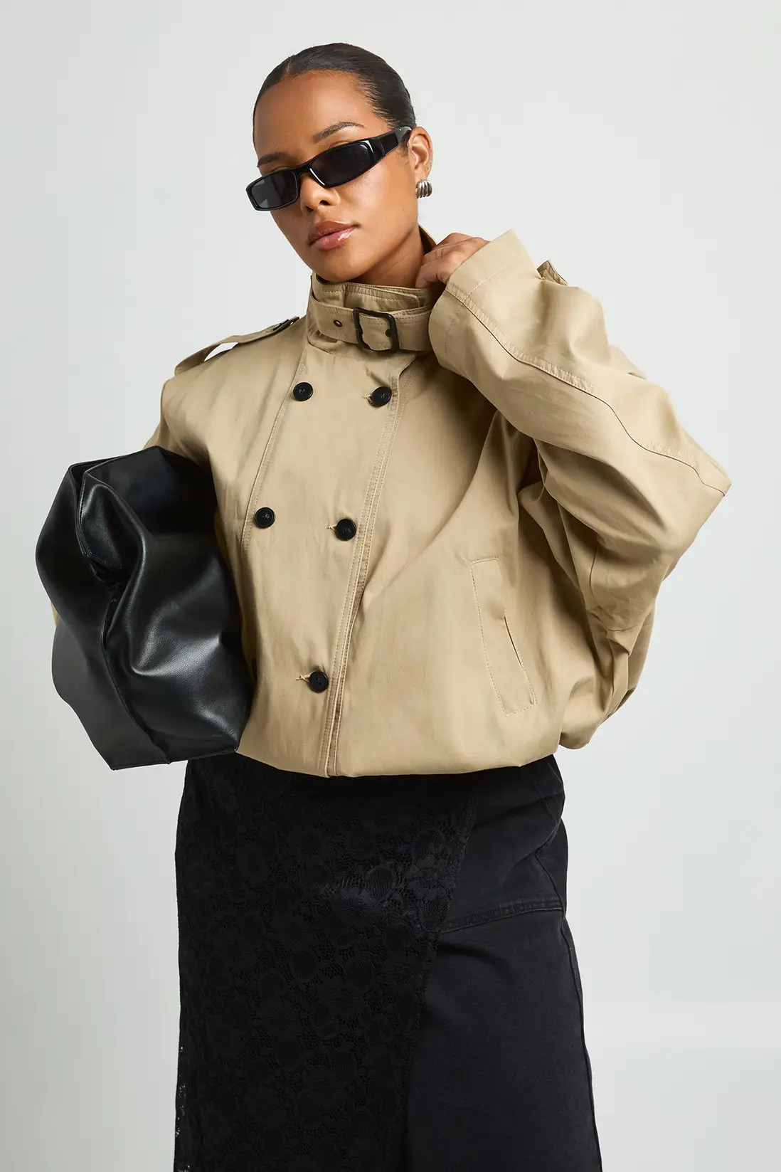 Tan Plus Double Breasted Funnel Neck Short Trench Coat | Boohoo USA | boohoo (US & Canada)