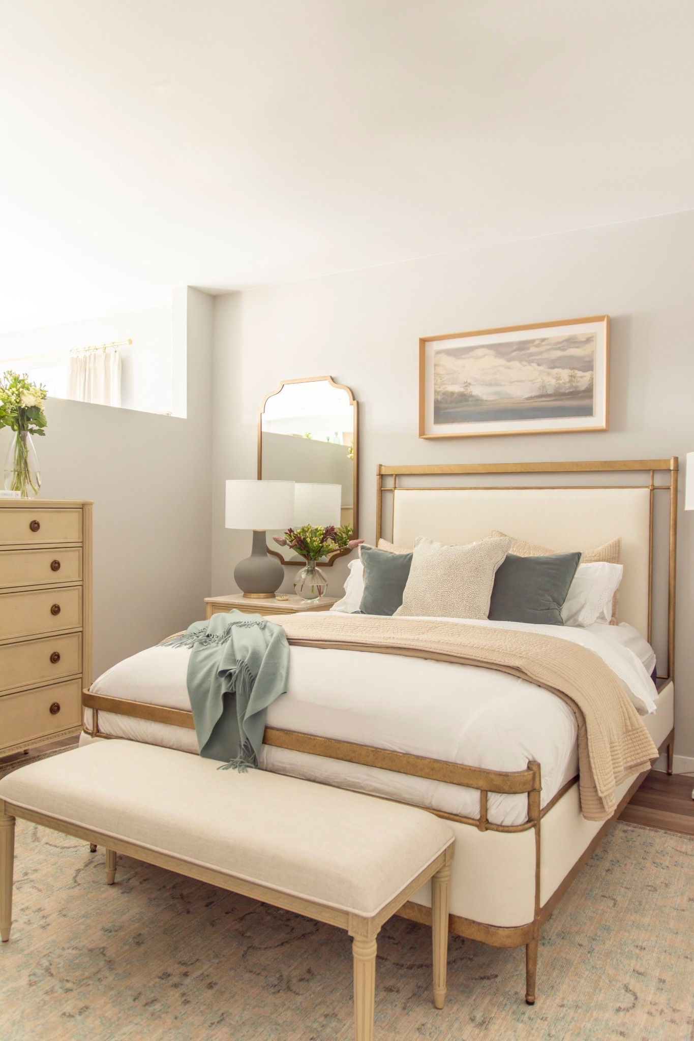 Luxury bedroom design with Frontgate furniture, cream and blue bedroom with neutral bedding, gold bedframe, French style dresser and nightstand 

#LTKStyleTip #LTKHome