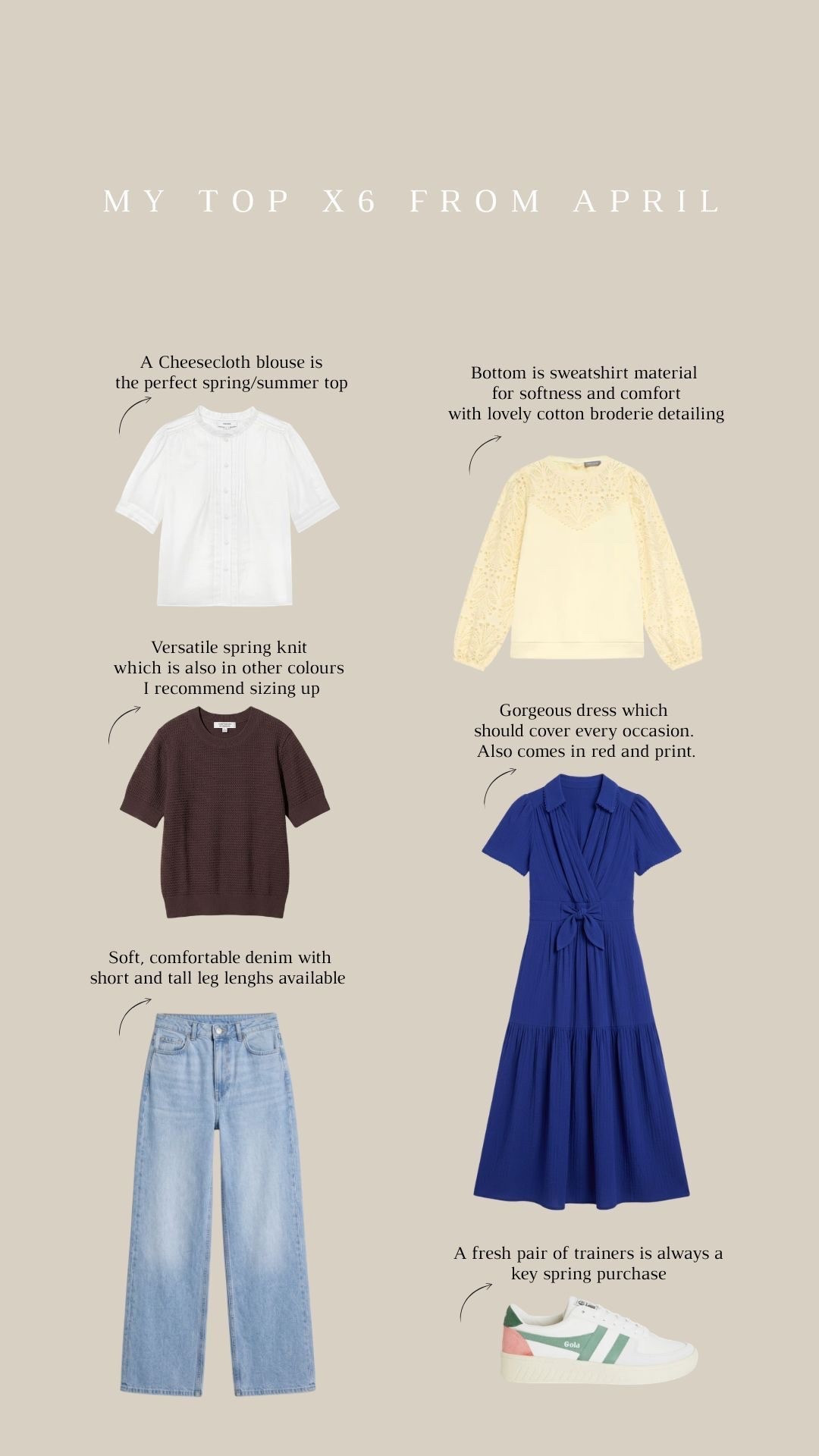 My Top Six From April. 

Spring Capsule Wardrobe, Cheesecloth Blouse, Broderie Sweatshirt Top, Short Sleeve Knit Jumper, Light Wash Straight Leg Jeans, Blue Midi Dress, Colour, Everyday Casual Spring Summer Style, Spring Summer Trainers

#LTKsummer #LTKspring #LTKuk