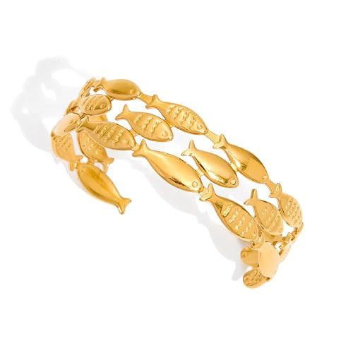 Biuwos Gold Chunky Fish Bangle Cuff Bracelets for Women Open Wide Thick Bracelet Boho Summer Jewelry | Amazon (US)