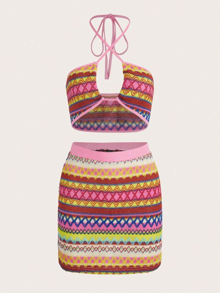 SHEIN ICON Chevron Pattern Halter Top & Skirt | SHEIN