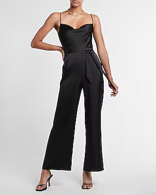 Satin Belted Cowl Neck Wide Leg Jumpsuit | Express