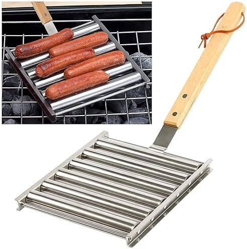 KAYCROWN Hot Dog Roller Sausage Rack with Extra Long Wood Handle, BBQ Griller For Evenly Cooked D... | Amazon (US)