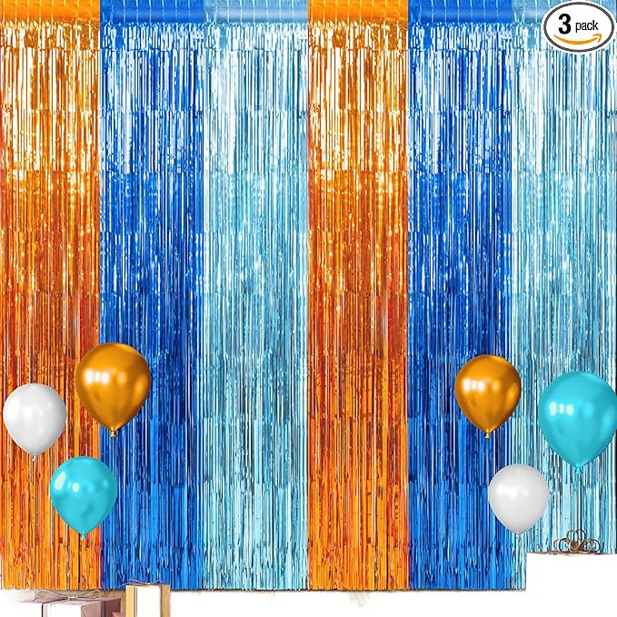 3 Pack 3.3X6.6Ft Blue Dog Foil Fringe Curtains Backdrop Decorations, Orange and Light Blue Birthd... | Amazon (US)