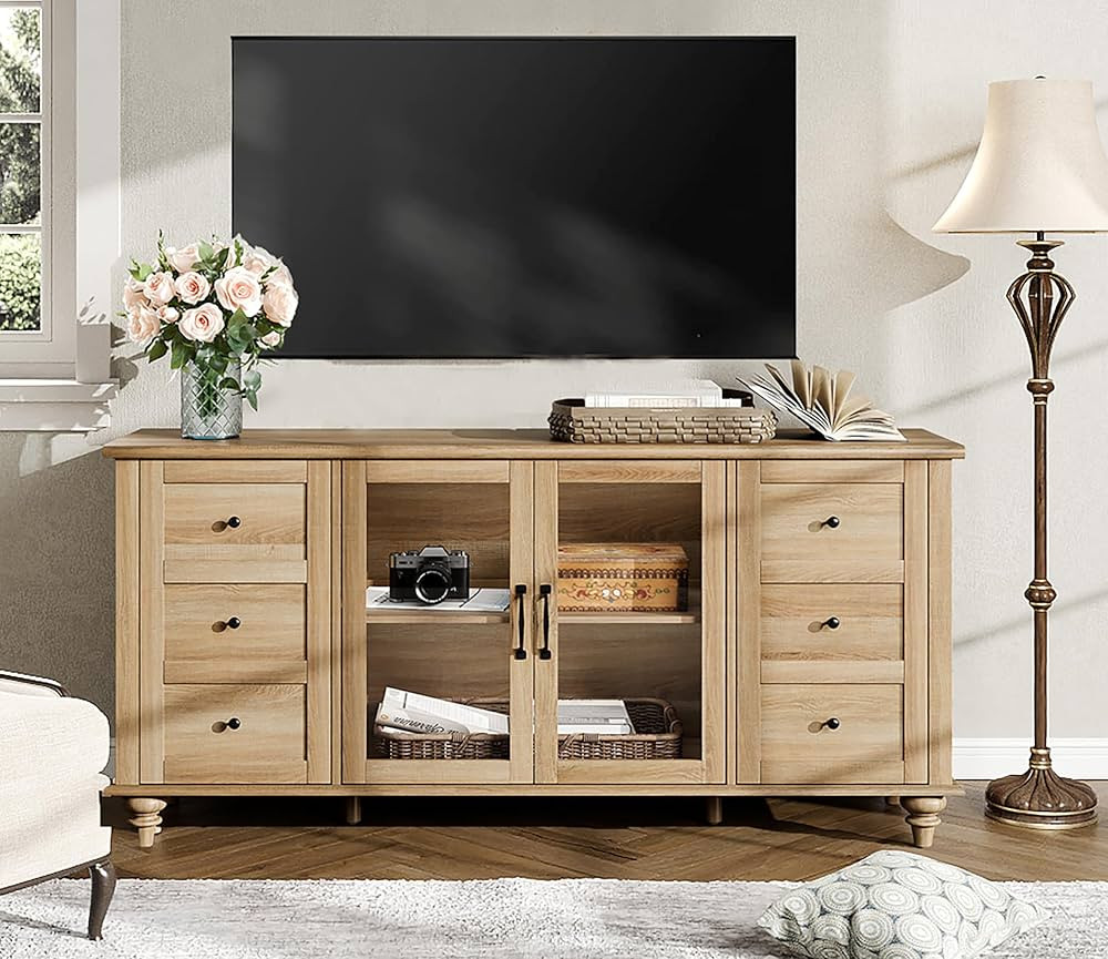 WAMPAT Glass Door Farmhouse TV Stand for TVs Up to 75 inch, Wood Universal TV Console Table with ... | Amazon (US)