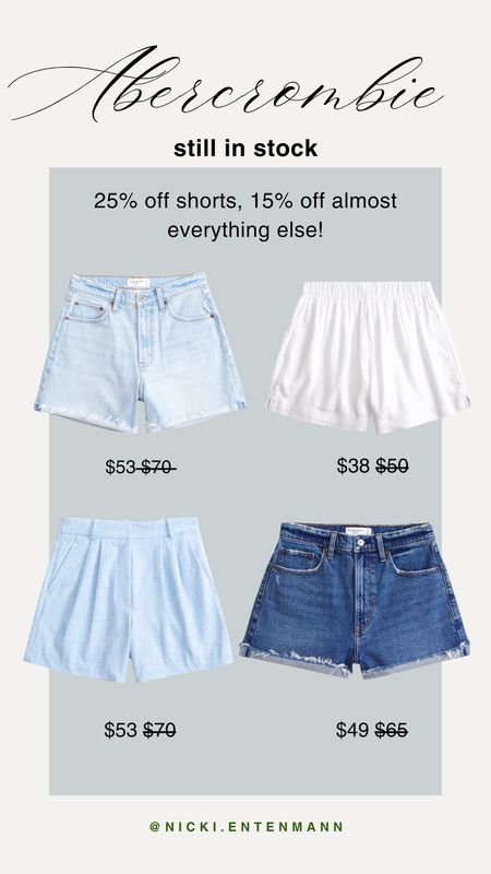 There are still some of our favorite washes and styles in stock for the Abercrombie sale! 25% off shorts, 15% off almost everything else, and code AFSHORTS gets you an additional 15% off shorts! 

Abercrombie sale, still in stock, summer styles, summer shorts, favorite styles, denim shorts 

#LTKsalealert #LTKmidsize #LTKstyletip