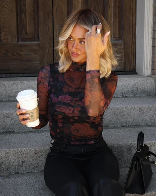 Faded Rose Floral Mesh Mock Neck Top Black Multi / XL | VICI