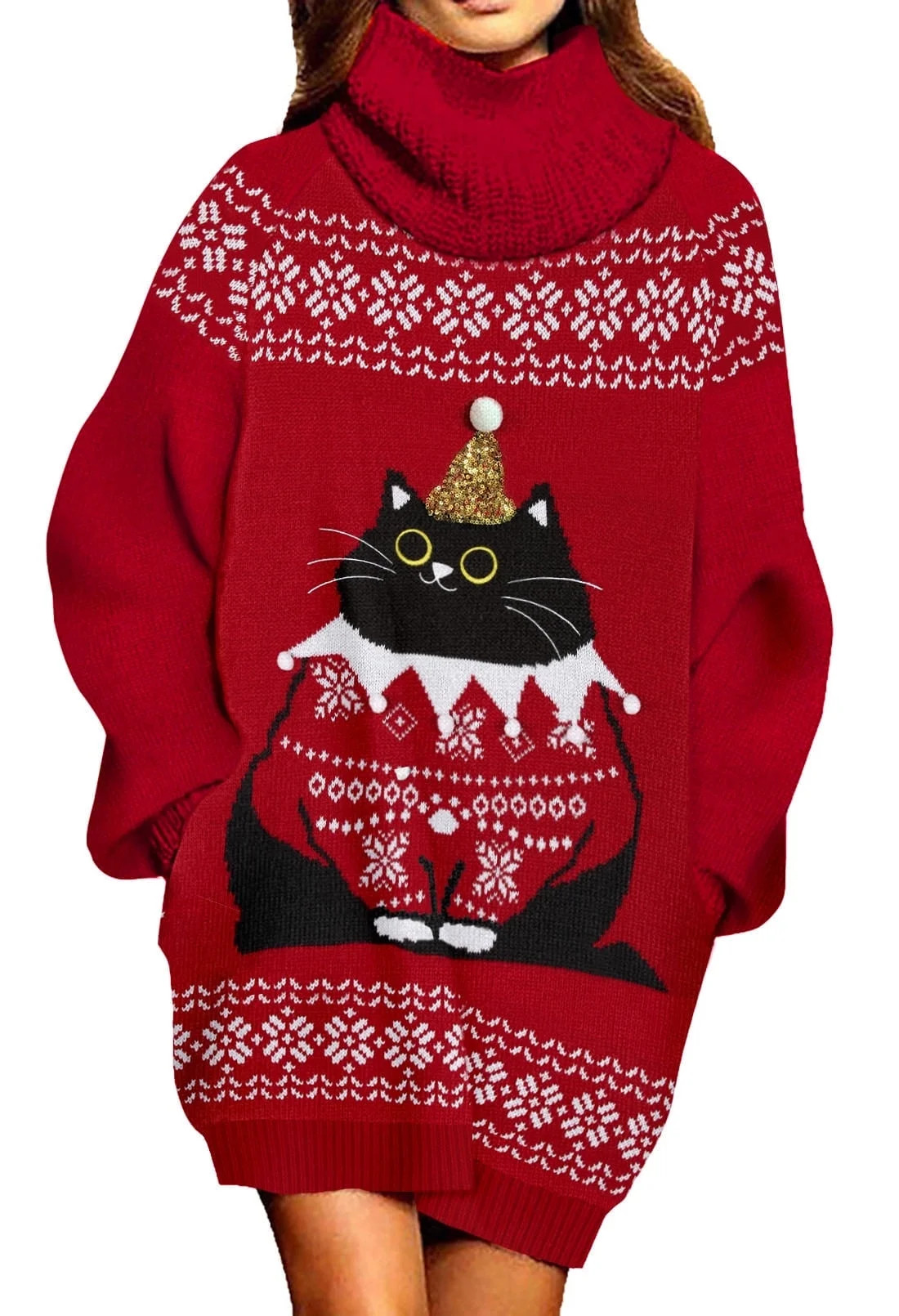 Pink Queen 2025 Christmas Chunky Knit Turtleneck Sweater Dress with Pockets | Walmart (US)