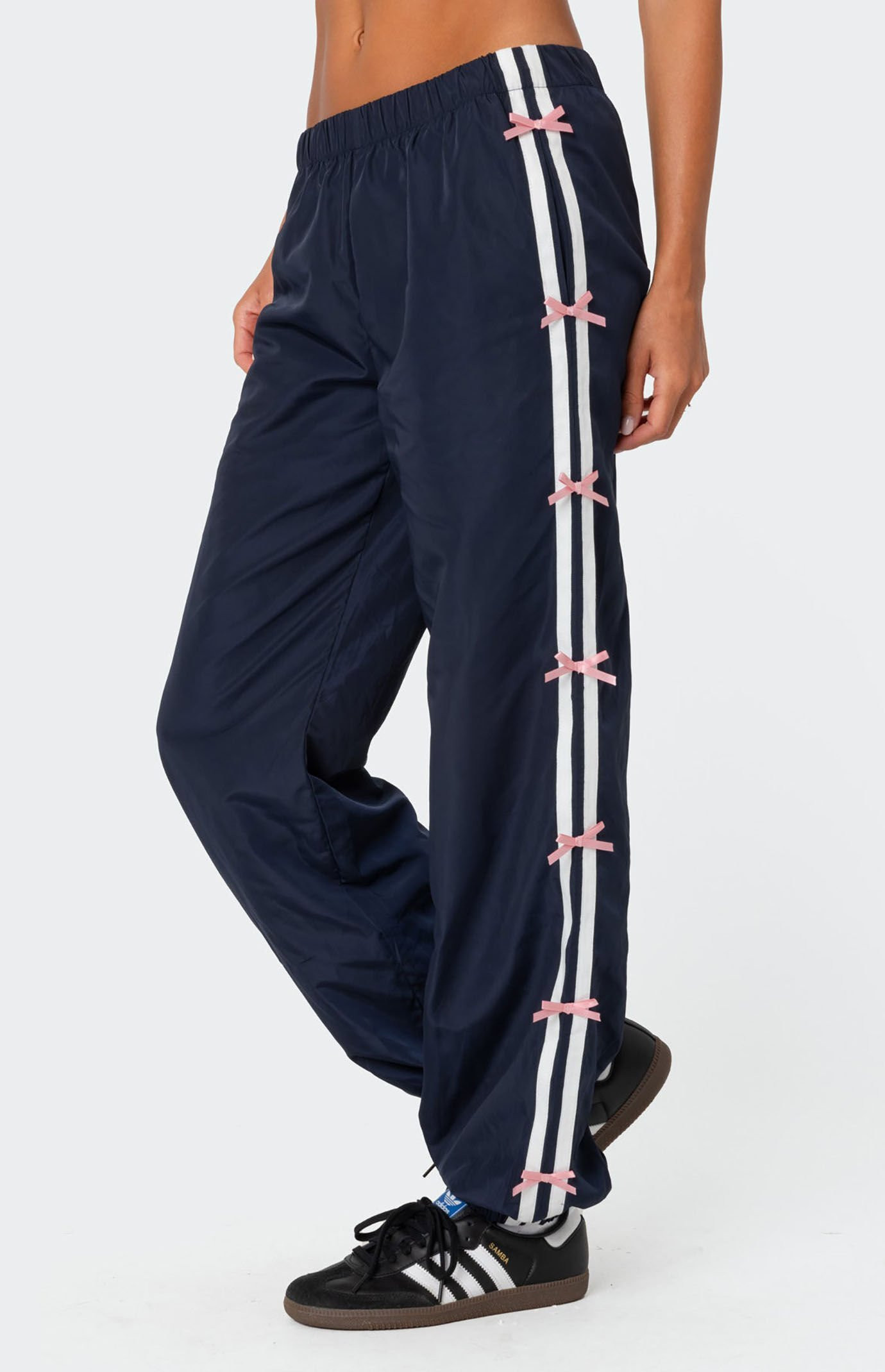 Edikted Women's Bow Stripe Nylon Track Pants in Navy - Size XS | PacSun