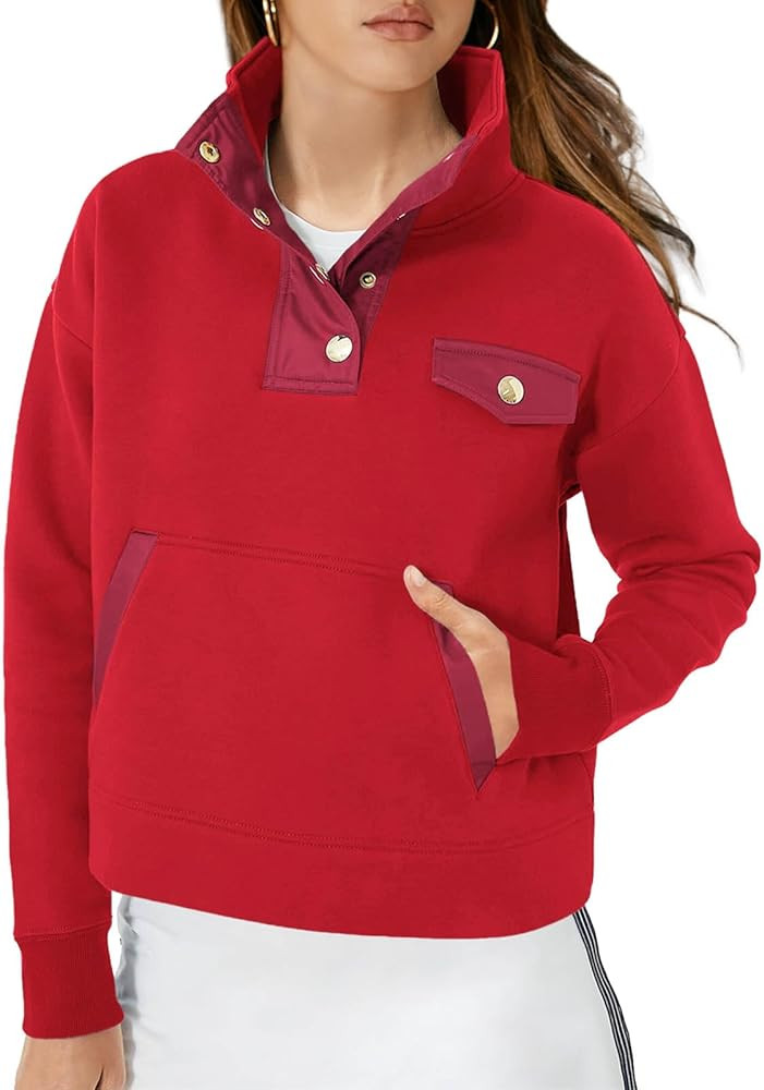 Fisoew Womens Fall Cropped Sweatshirt Casual Button Up Long Sleeve Pullover with Pockets | Amazon (US)