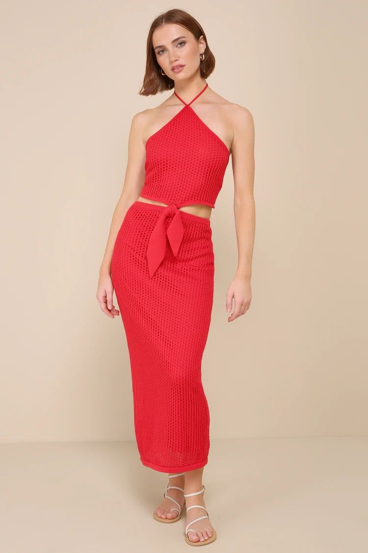 Sunny Serenity Bright Red Crochet Cutout Halter Midi Dress | Lulus