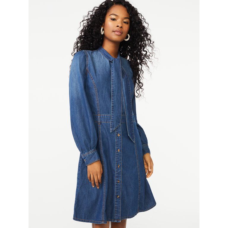 Scoop Women's Tie-Neck Fit & Flare Dress - Walmart.com | Walmart (US)