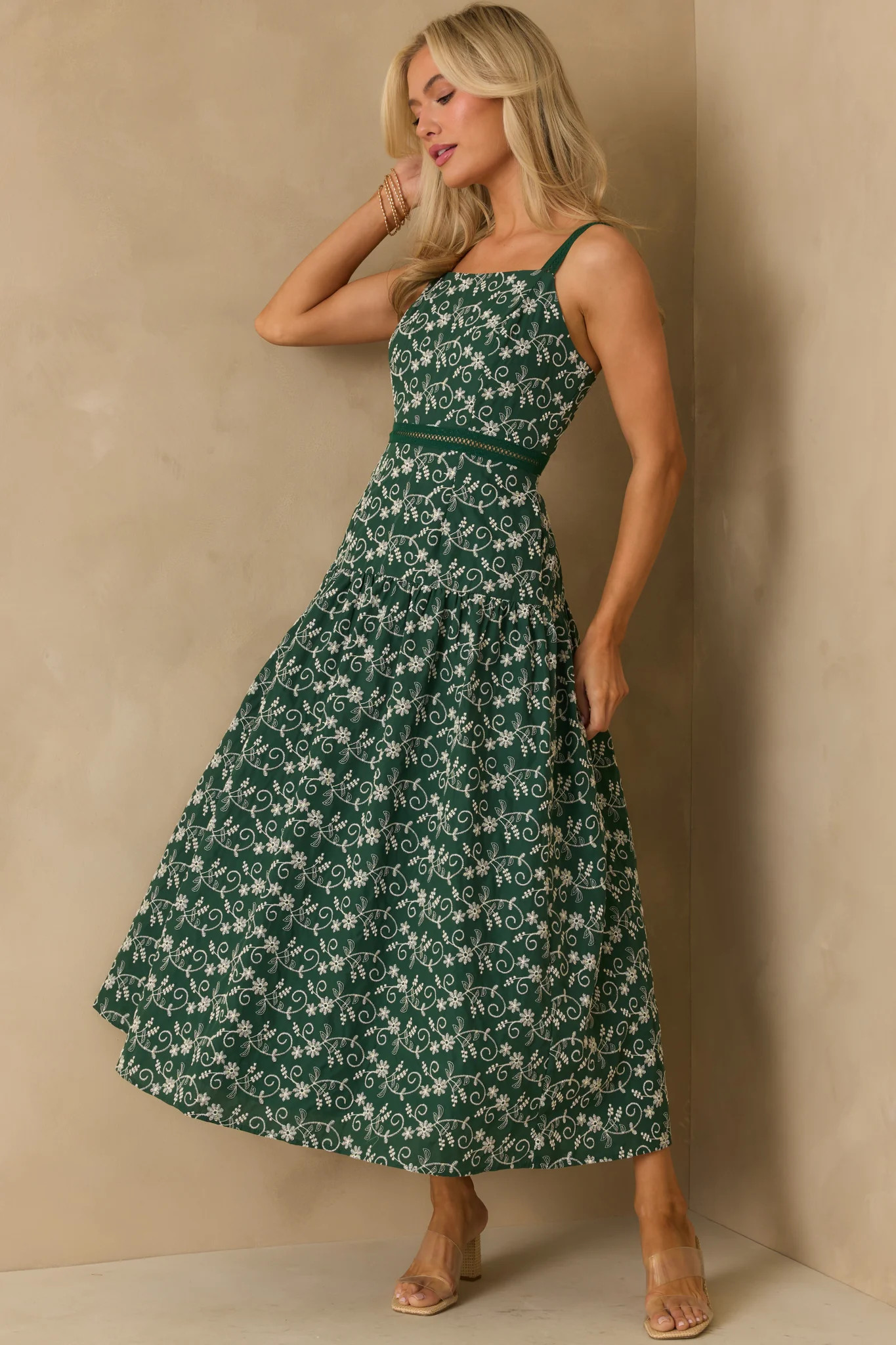 On My Side Hunter Green Floral Embroidered Eyelet Maxi Dress | Red Dress