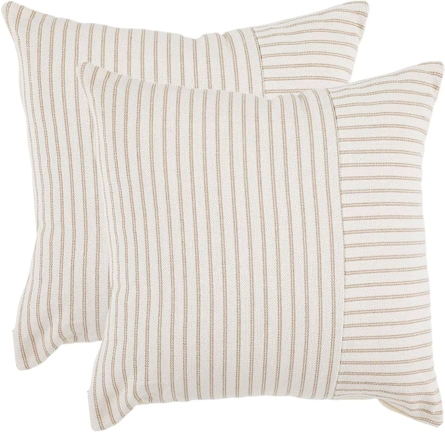 BOYSUM Khaki and Beige Throw Pillow Covers, 18x18 Farmhouse Pillow Covers Striped Throw Pillow Co... | Amazon (US)